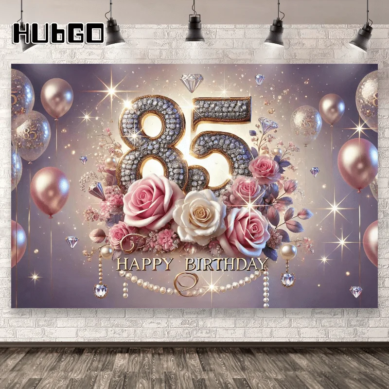 Hintergrund zum 85. Geburtstag, mit glänzenden Diamanten, Rosen und Luftballons – strapazierfähiges Polyester, Feierhintergrund