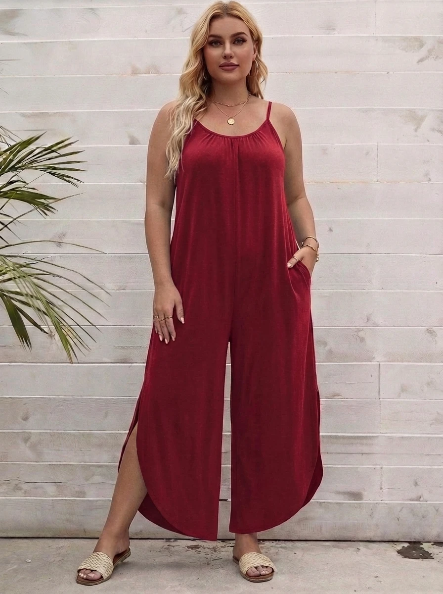 Mono de verano rojo de talla grande para mujer con tirantes finos y pierna ancha, holgado e informal