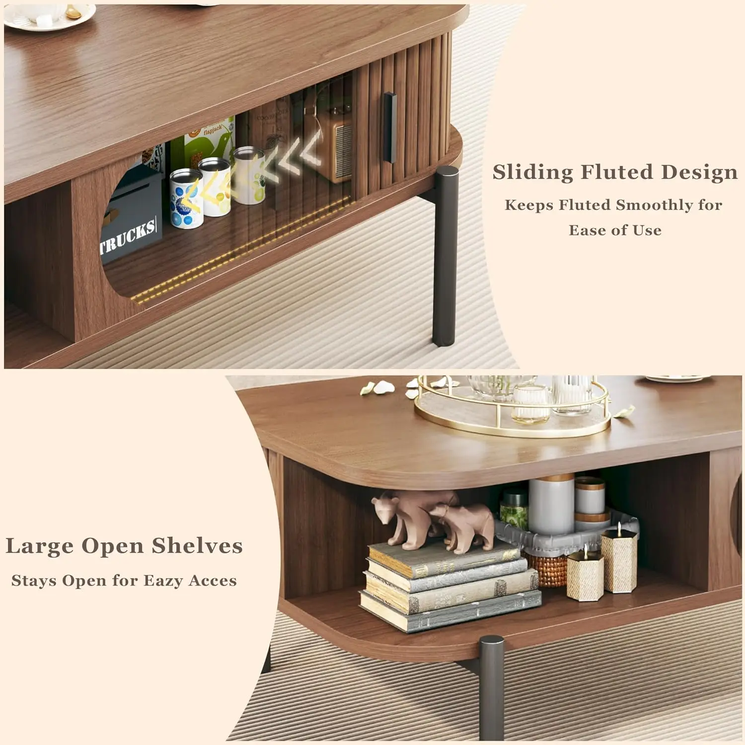 Stolik kawowy, 100 cm, stolik kawowy z radełkowanym blatem do salonu, stolik w stylu mid-century modern z przesuwnymi drzwiczkami szafki, 2-poziomowy, rustykalny drewniany stolik D