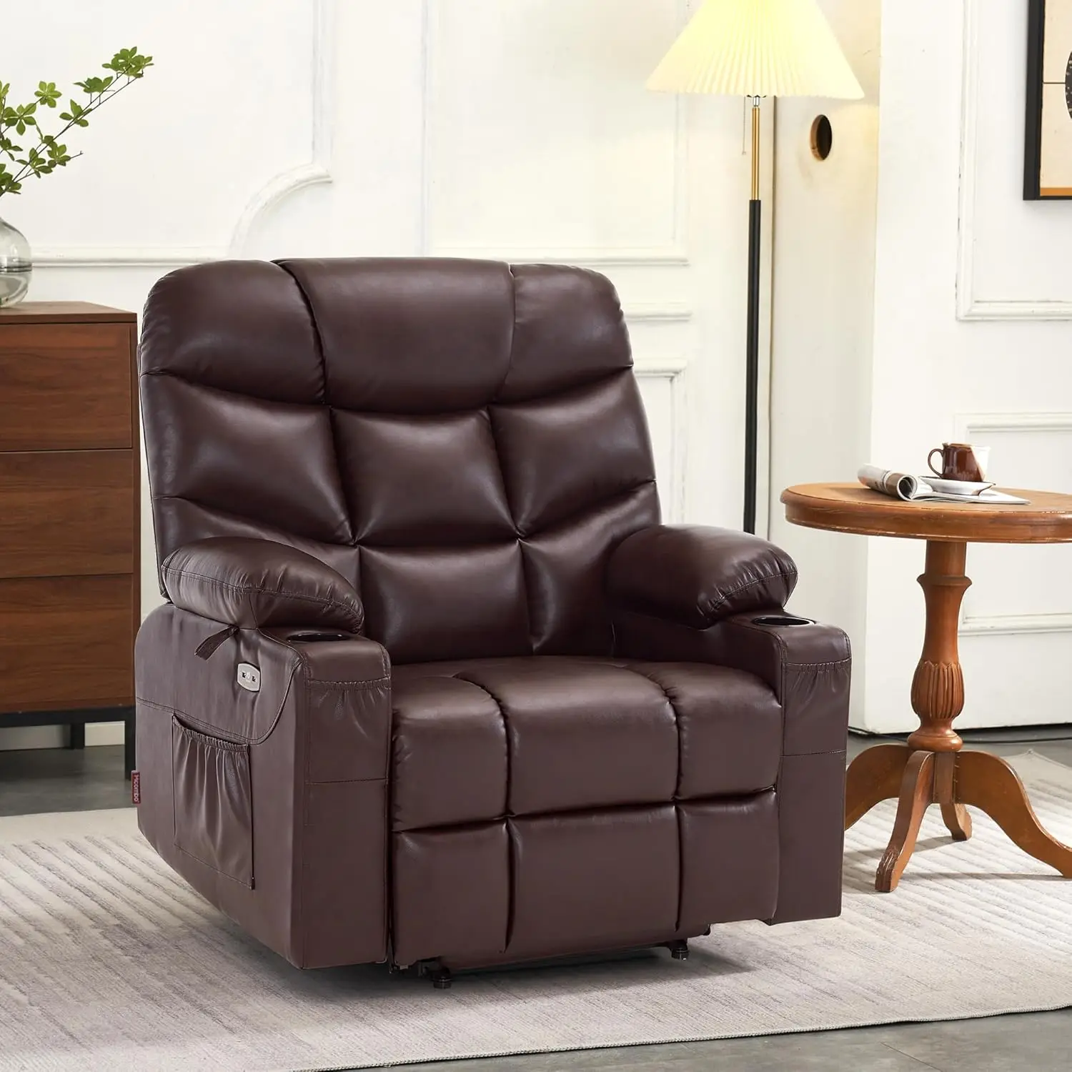 Power Lift Recliner Chair with Extended Footrest for Big Elderly People Faux Leather Dark Brown Medium Wide Easy to Assemble