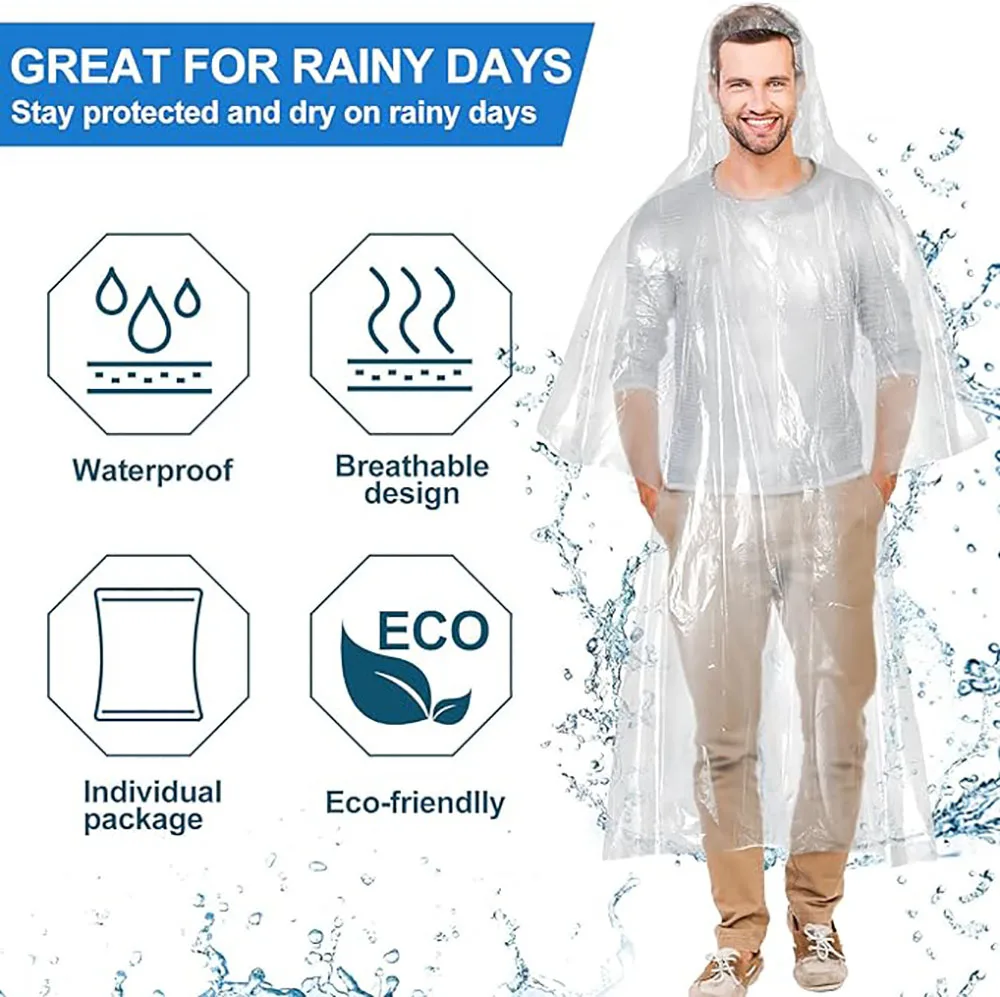 10/20/50Pcs Disposable Rain Ponchos Bulk for Adults Kids Emergency Ponchos with Hood for Man Women Travelling Camping Hiking