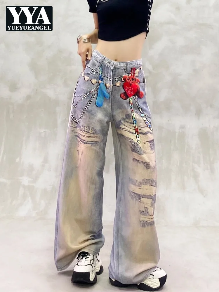 Personality Printed Vintage Women Denim Pants High Waist Loose Fit Casual Hip Hop Wide Leg Jeans Streetwear Straight Trousers