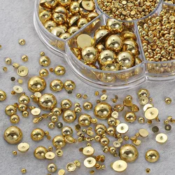 2000pcs/Box Golden Pearl Nail Art Decoration Half-Round Pearl Accessories For Nail DIY, Various Sizes Nail Charms Nail Supplies