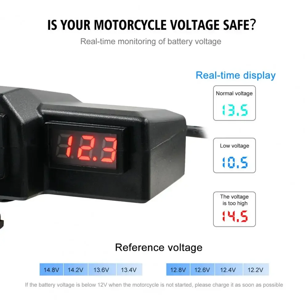 Dual USB Port Power Supply Adapter USB Motorcycle Charger with Voltage Display for Motorbike Handlebar Charging Accessories