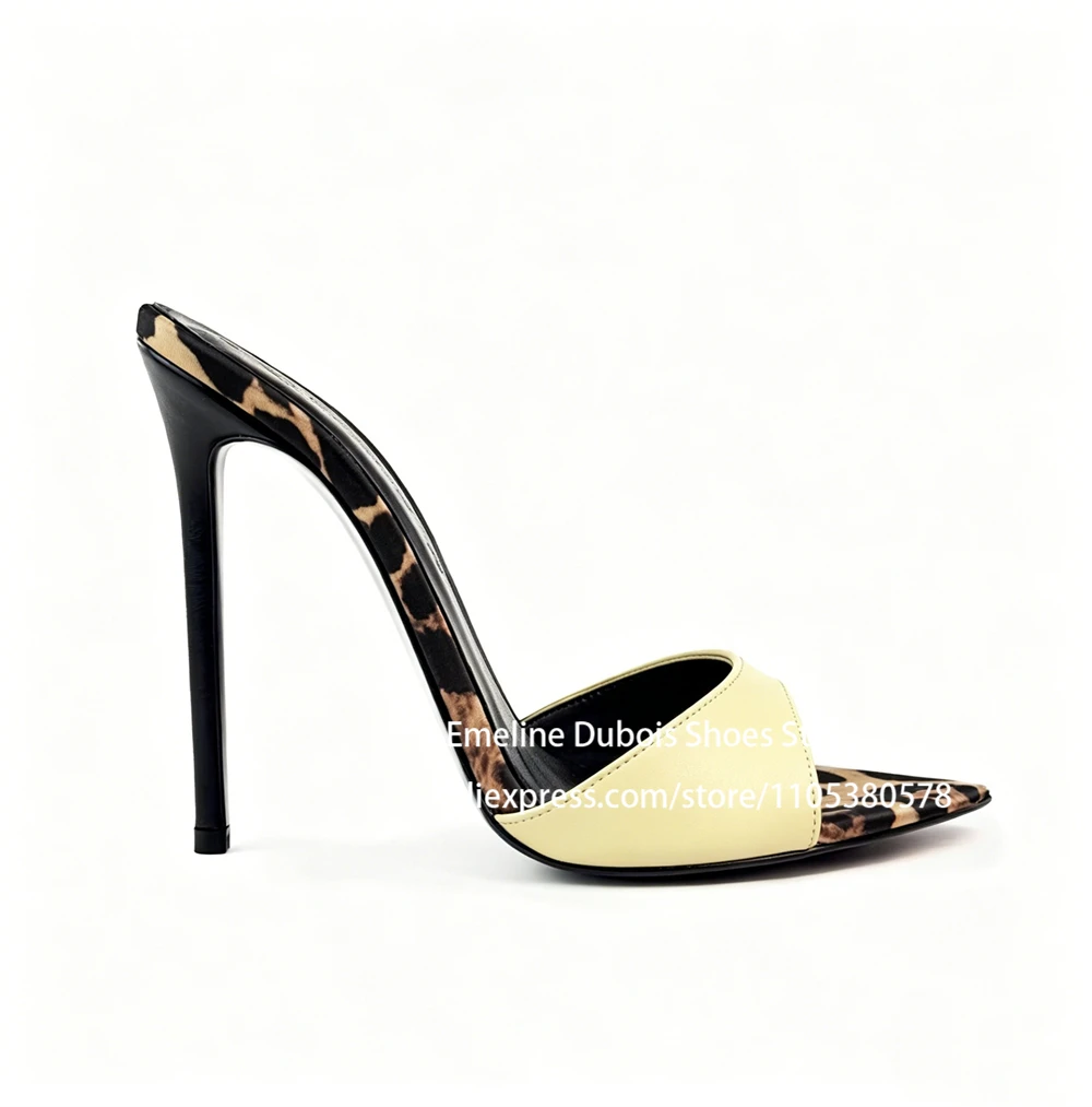 

Black Leopard Print High Heel Mules Open Toe Slip on Stiletto Heel Slippers Party Club Summer Fashion Dress Sandals for Women