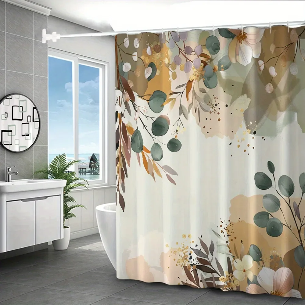 4 Pcs Eucalyptus Shower Curtain Set Waterproof Fabric Bath Curtain Green Leaves Non-Slip Bath Mat Toilet Lid Cover Decor