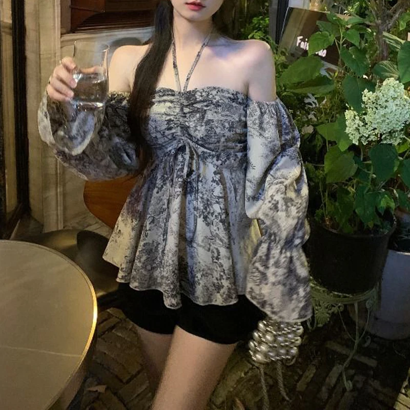 Women Sexy Off Shoulder Backless Halter Drawstring Blouse Spring Summer Trendy Print Chic Shirt Long Sleeve Slim Y2K Tops Blusas