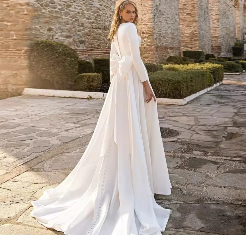 Eightale Arabische trouwjurk lieverd op maat ivoor satijn lange mouwen bruidsjurk a-lijn strik bruid feestjurk