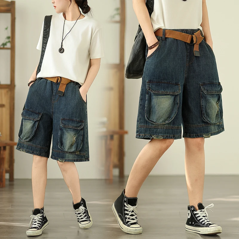6725 Summer Fashion Women's Multi-pocket Retro Loose Casual Denim Shorts Female Good Quality Daily Comfortable Half Length Pants