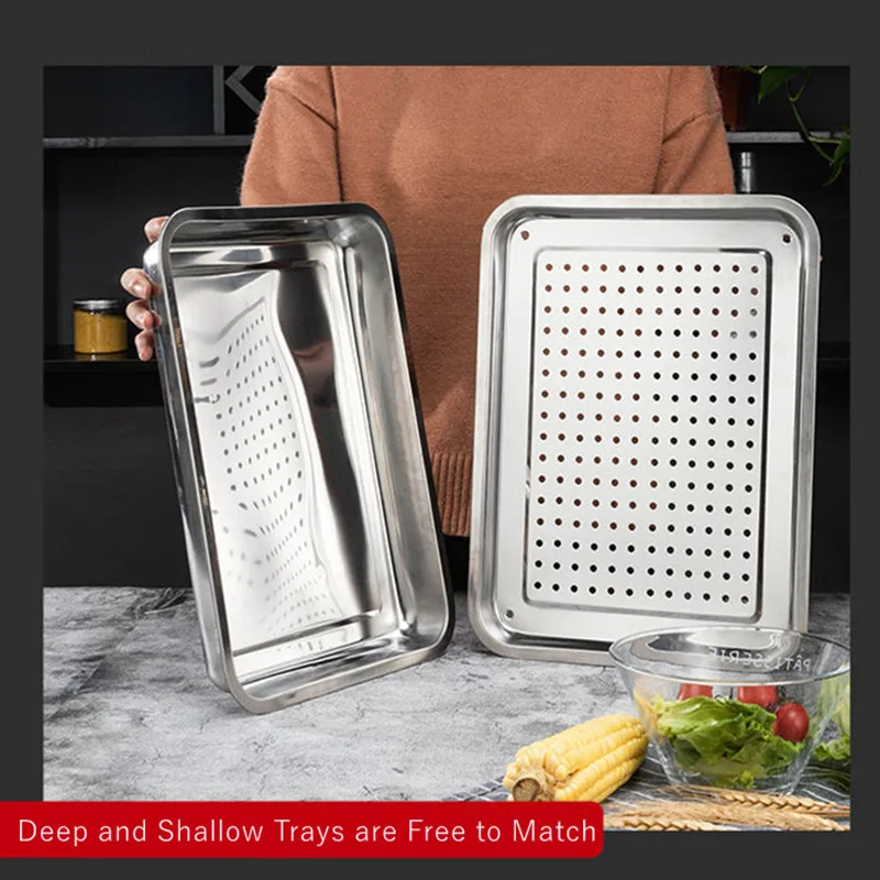 2PCS Stainless Steel Kitchen Storage Tray Set Food Drain Dry Dish Barbecue Hollow Filter Oil Plate Home Teahouse Tea Cup Trays