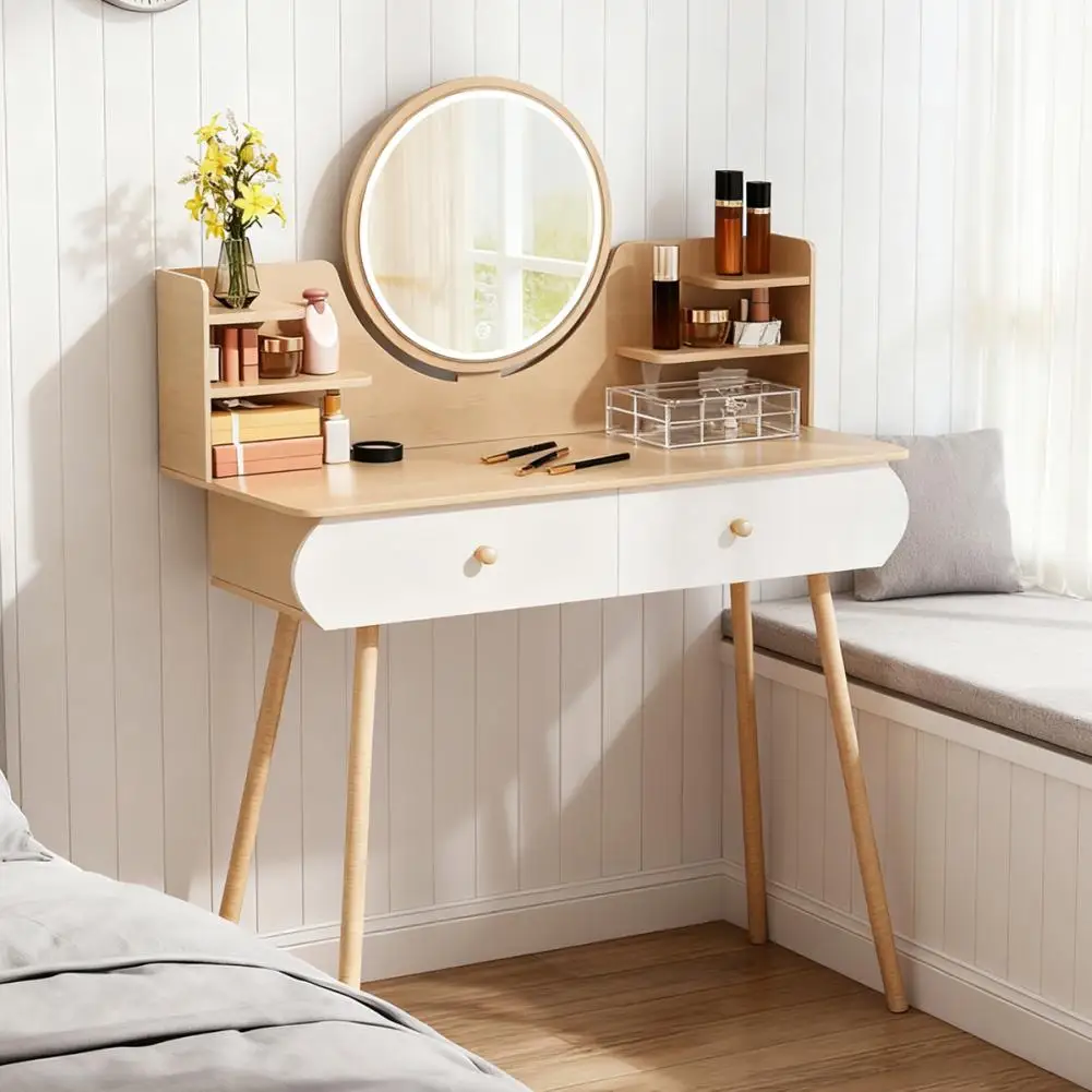 Tocador moderno y minimalista para dormitorio con almacenamiento integrado, con 2 cajones y un compartimento de almacenamiento abierto