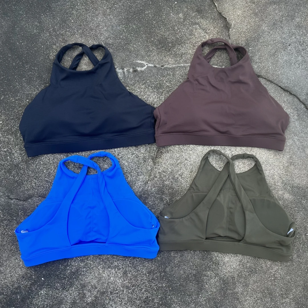 Solid Color Tight Fitness Women Sport Bra Cross Back High Neck Gym Yoga Bra Athletic Underwear Soft Top Workout With chest Pad