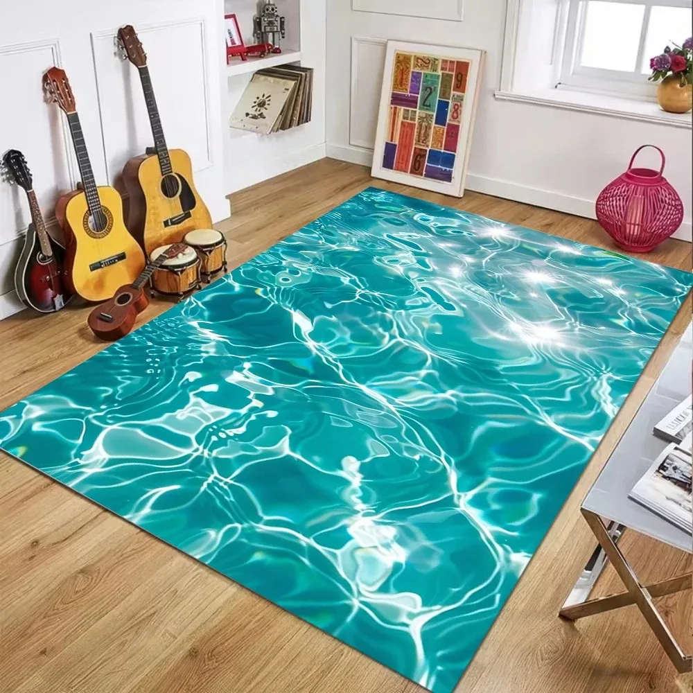 Living Room  Large Floor Carpet Sparkling Pool Water Wave Ripple Realistic Print Soft Rug Summer Ocean Theme Home Decoration