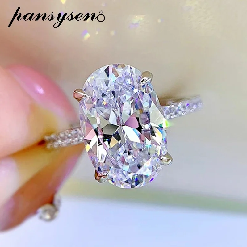 PANSYSEN Real 925 Sterling Silver 8*12MM Oval Cut High Carbon Diamond Gemstone Finger Engagement Rings for Women Fine Jewelry