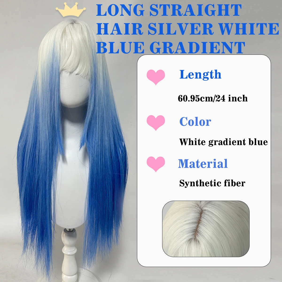 White Blue Gradient Long Straight Synthetic Wig With Fringe, Sweet Harajuku Lolita Cosplay Wig For Anime