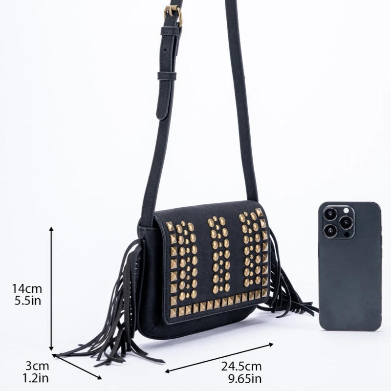 Y2k Spicy Girls Trend Rivet Crossbody Bag Retro Side Long Tassel Women's Shoulder Bag Solid Color Motorcycle Soft Handbag Purses