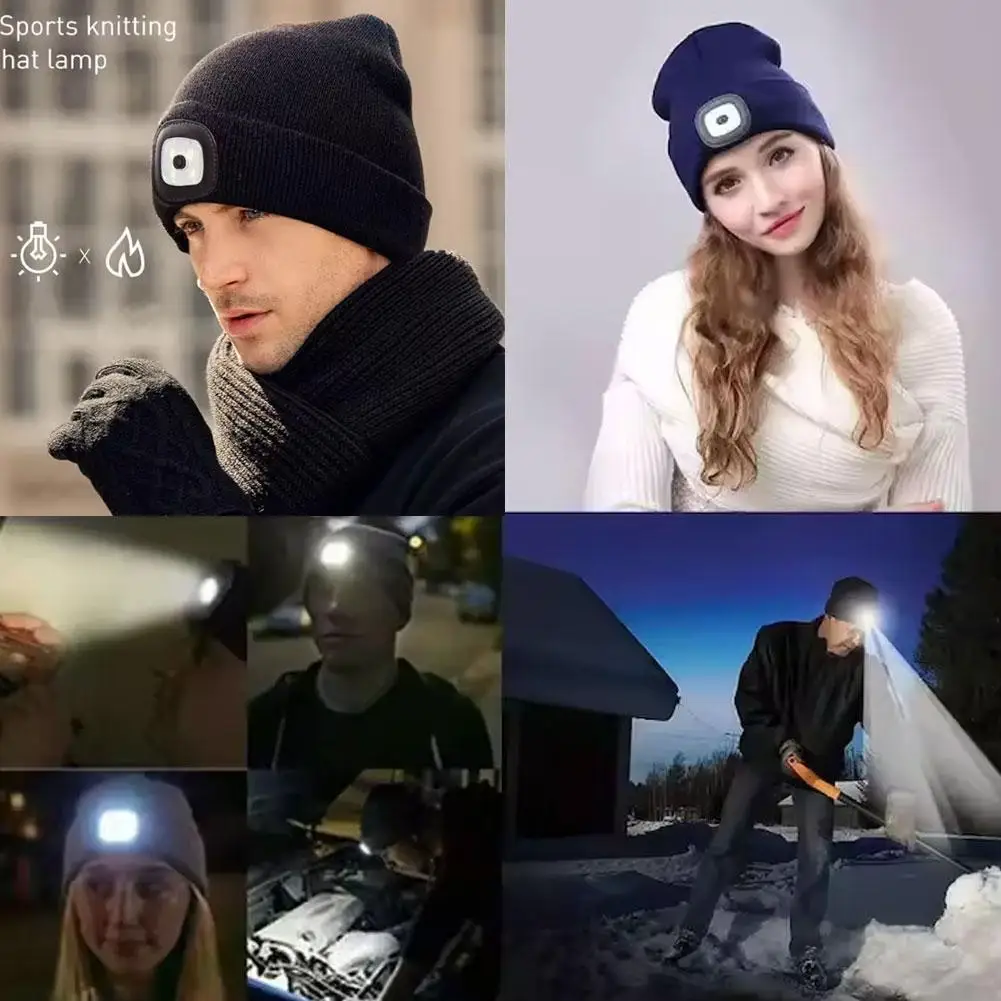 Led Light Knitted Hat Warm Elastic Beanie,Outdoor Sports Night Hiking Fishing Camping Glow Knitted Bonnet Unisex Headlight