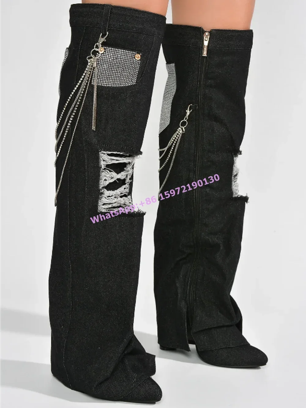 Hollow Rhinestone Patchwork Black Boots Patchwork Metal Chain Pocket Distress Solid Pleated Boots Ladies Luxury Runway Shoes
