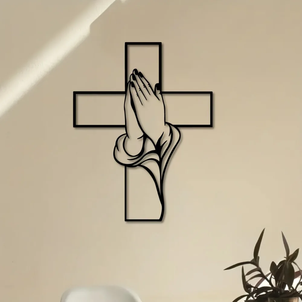 CIFBUY Metal Wall Art Religious Iron Cross Prayer Hands Elegant Spiritual Hanging Decor Living Room Home Ornament