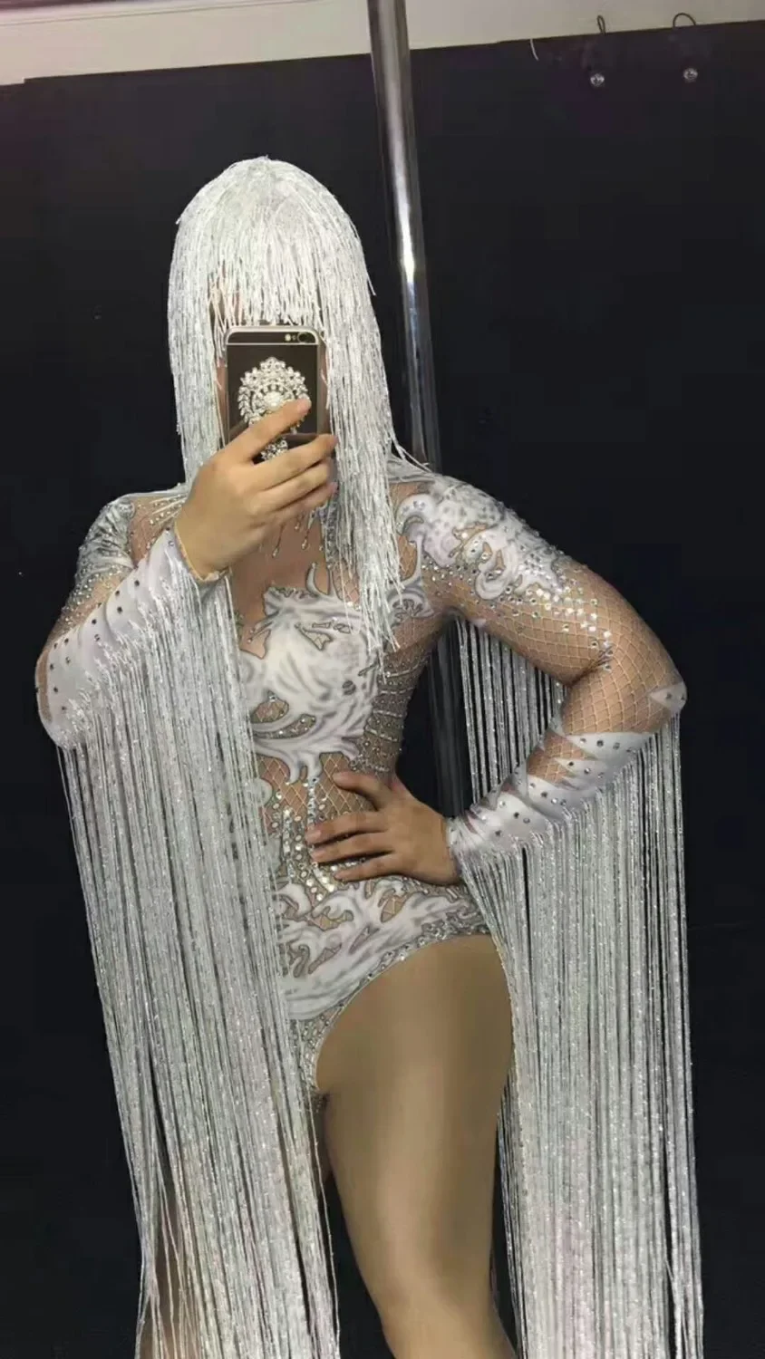 Kobiety frędzle białe kryształy body kostiumy damskie klub nocny Bar seksowne kombinezony dżetów strój wydajność piosenkarka DJ Show