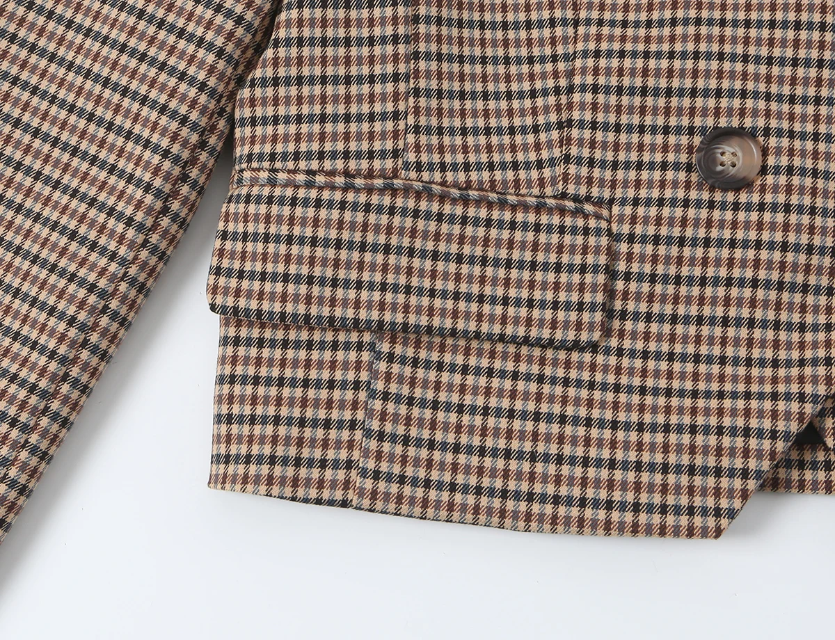 BSAY 2026 Neues Vintage Damen-Karomuster 2-teiliges Outfit mit Stehkragen, doppelreihiger, kurzer Jacke und weitem Hosenbein, lässiger Anzug – Detail 12