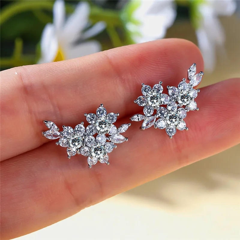 Luxury Female Crystal Green Flower Stud Earrings Vintage Zircon Round Wedding Jewelry For Women