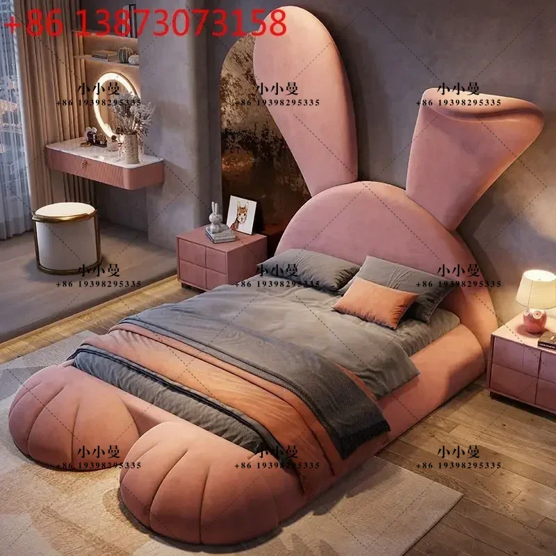 Light luxury children's pink princess bed cartoon rabbit modern simple multi-functional solid wood bed