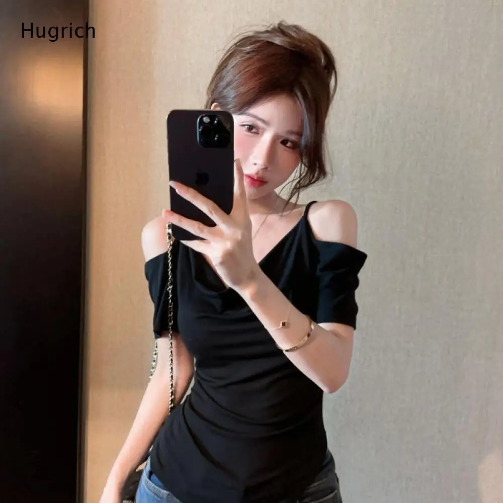 Elegant Cowl Neck Off Shoulder Blouse Spaghetti Strap Short Sleeve Side Gathered Irregular Hem Slim Black Top