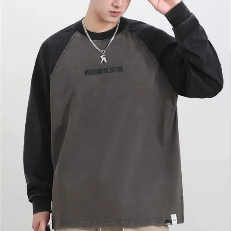 New Spliced   long-sleeved T-shirt Men in Spring Autumn Contrasting Color Tops Spliced   raglan Sleeves Loose Bottoming