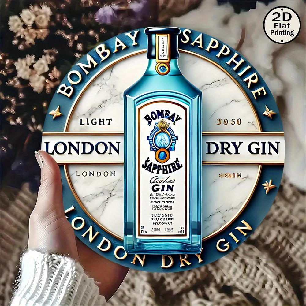 لافتة معدنية مسطحة ثنائية الأبعاد، قطعة واحدة من شعار Bombay Sapphire London Dry Gin - تصميم كلاسيكي منقوش برقائق دائرية مقاس 8 × 8، شعار أزرق مميز #1