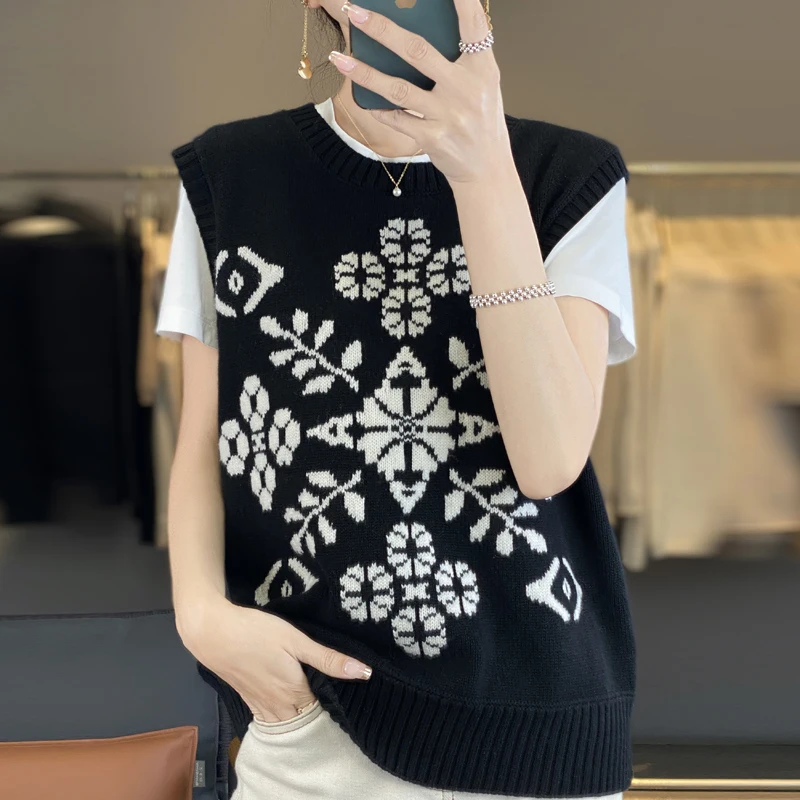 New Women\'s 100% Pure Wool Round Neck Vestchic Edelweiss Vest Autumn and Winter Sleeveles DlY Vest Loose Short Knit Sweater Hot