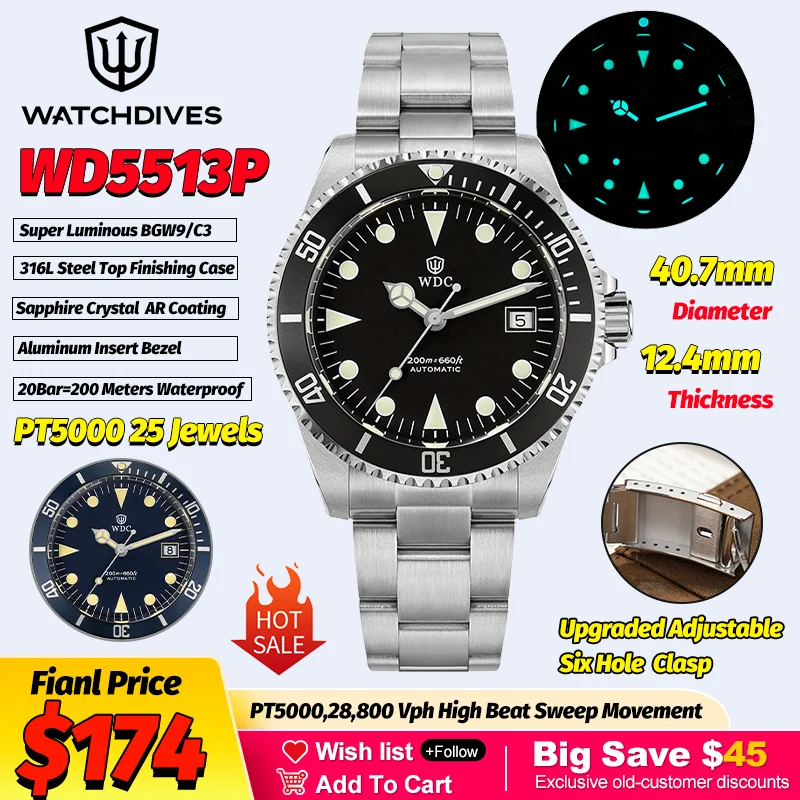 

Watchdives WD5513P V3 Dive Mechanical Watches PT5000 Automatic Watch Sapphire 20Bar Waterproof Stainless Steel Luxury Mens Watch