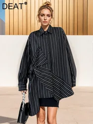 DEAT Fashion Women's Black Striped Shirt Lapel Loose Single Breasted Bow Irregular Long Sleeves Blouse Autumn 2024 New 1DH5046