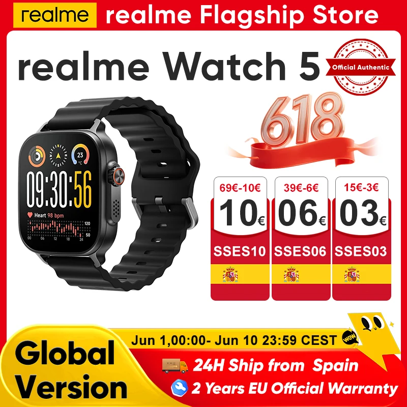 realme Watch 5 Reloj inteligente con GPS y NFC, versión global, pantalla AMOLED…