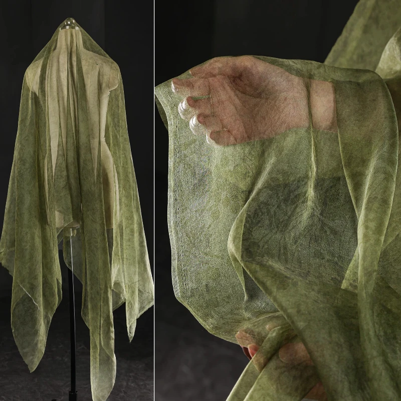 

100% Silk Silk Thin Silk Yarn Fabric Light Green Dress Gauze Skirt Literary and National Style Handmade Clothing Designer Fabric