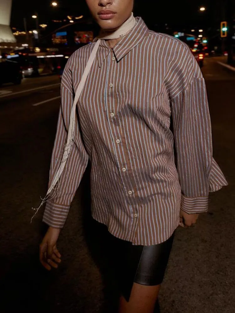 

Весна 2026: Новая модная свободная шелковая рубашка в полоску для женщин, повседневная, из 100% другого материала, женское короткое пальто
