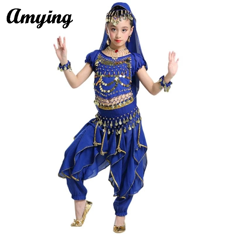 

3PCS Children's Belly Dance Costume Set Practice Performance Clothing Coins Sequin Short Sleeve Girls' Indian Dance Clothing New