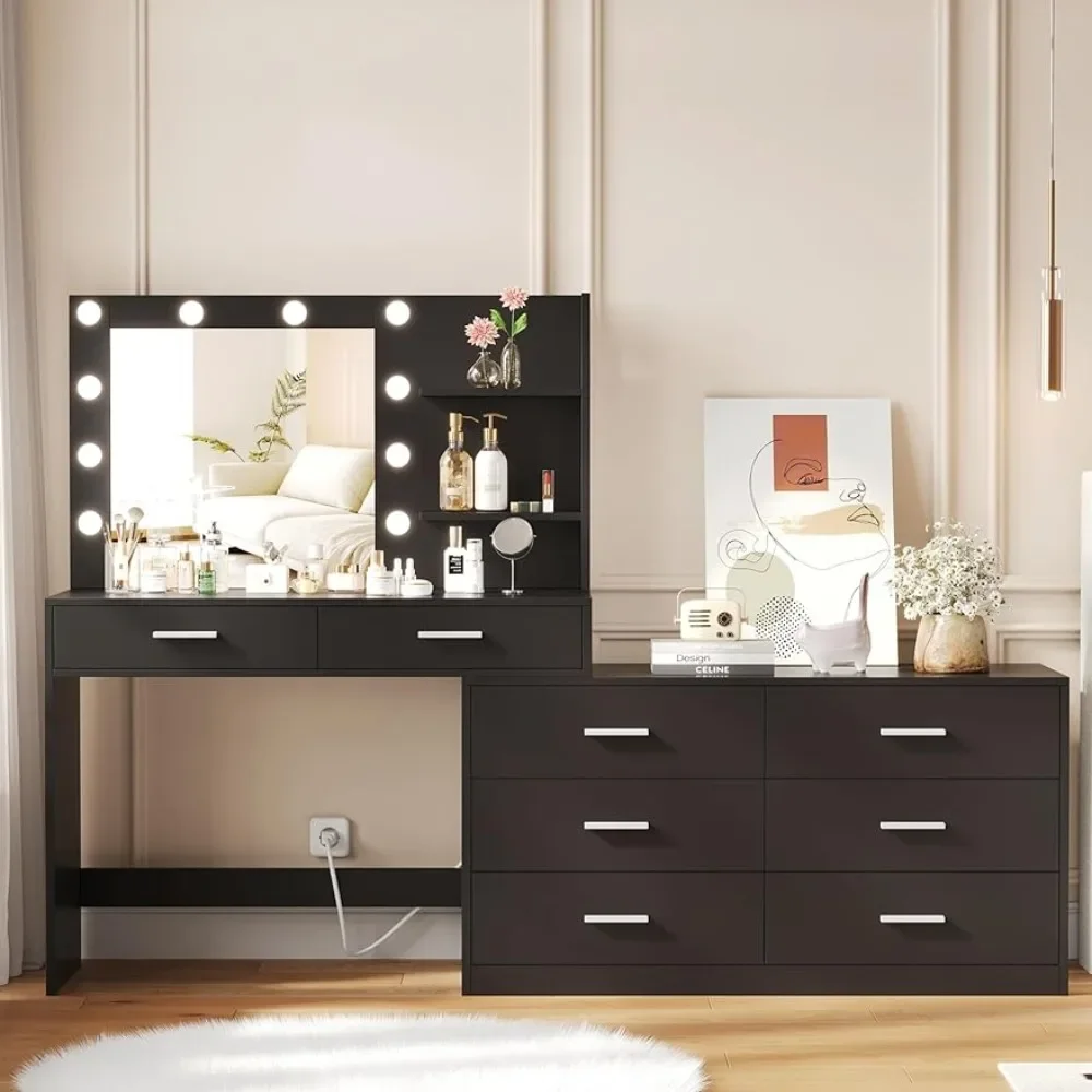 65inch Vanity Desk Set,3 Lighting Colors Lights & Mirror,8 Drawers Vanity Table with Side Storage Shelf,,Bedroom Dressing Table.