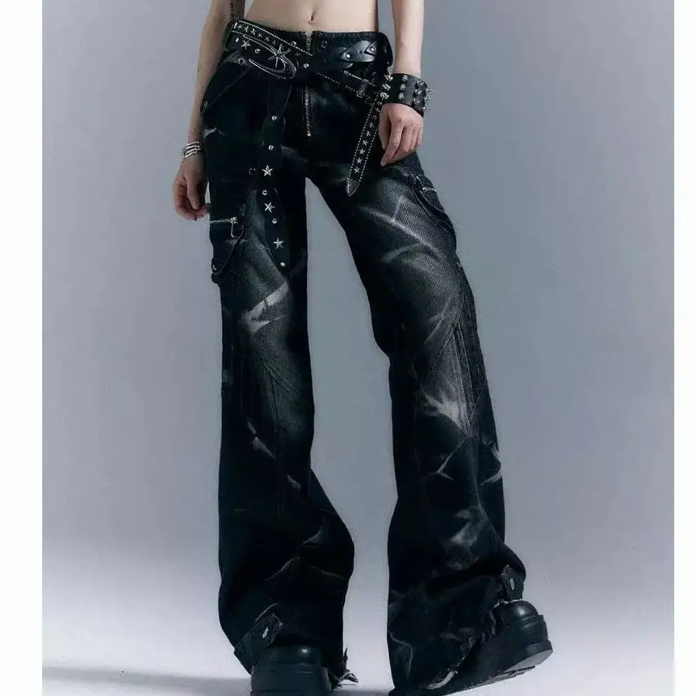 

American Street Jeans Punk Heavy Industry Low Waist Rivets Women Autumn Winter New Retro Washed Hottie Trousers