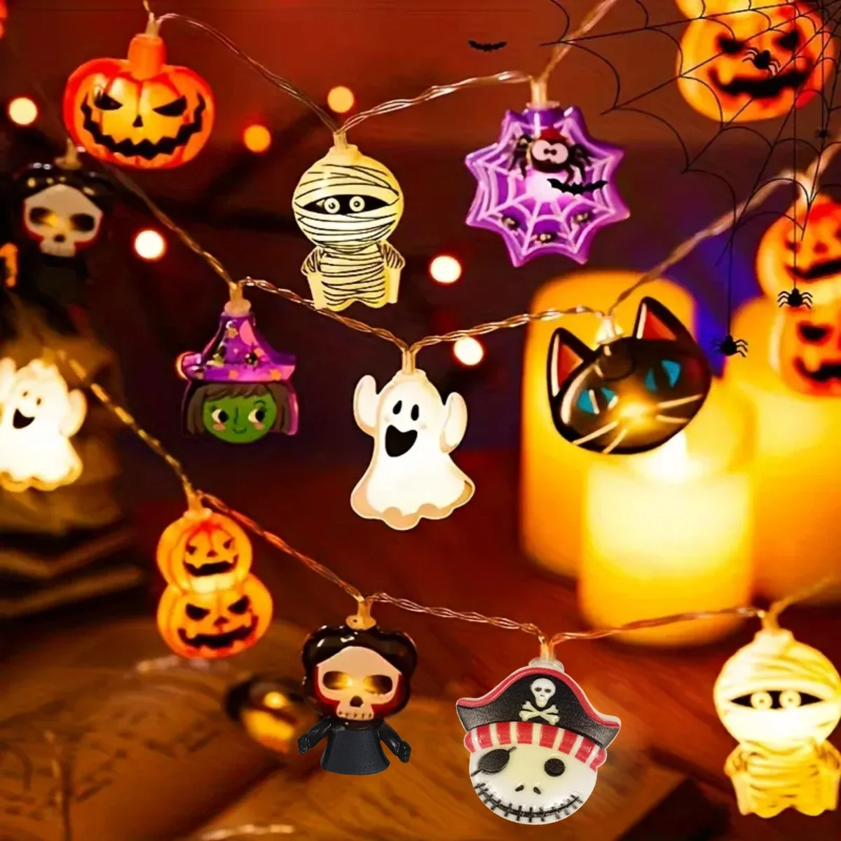 

1PC Halloween 10/20 LED Battery Powered String Lights With Ghost Witch Cat Pumpkin Spider Web Skeleton Mummy Pirate Shape Indoor