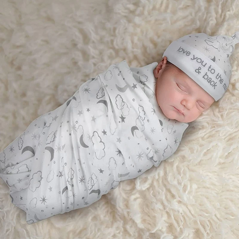 2 Pieces Newborn Baby Microfiber Swaddle Wrap with Beanie Hat Headwrap Set Cute Floral Animal Print Infant Receiving Blanket