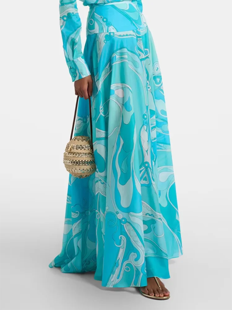 

Spring Summer Fashion Party Elegant Geometric Print Long Skirt Women's Resort Casual High Waist Sexy Slim A-Line Skirt