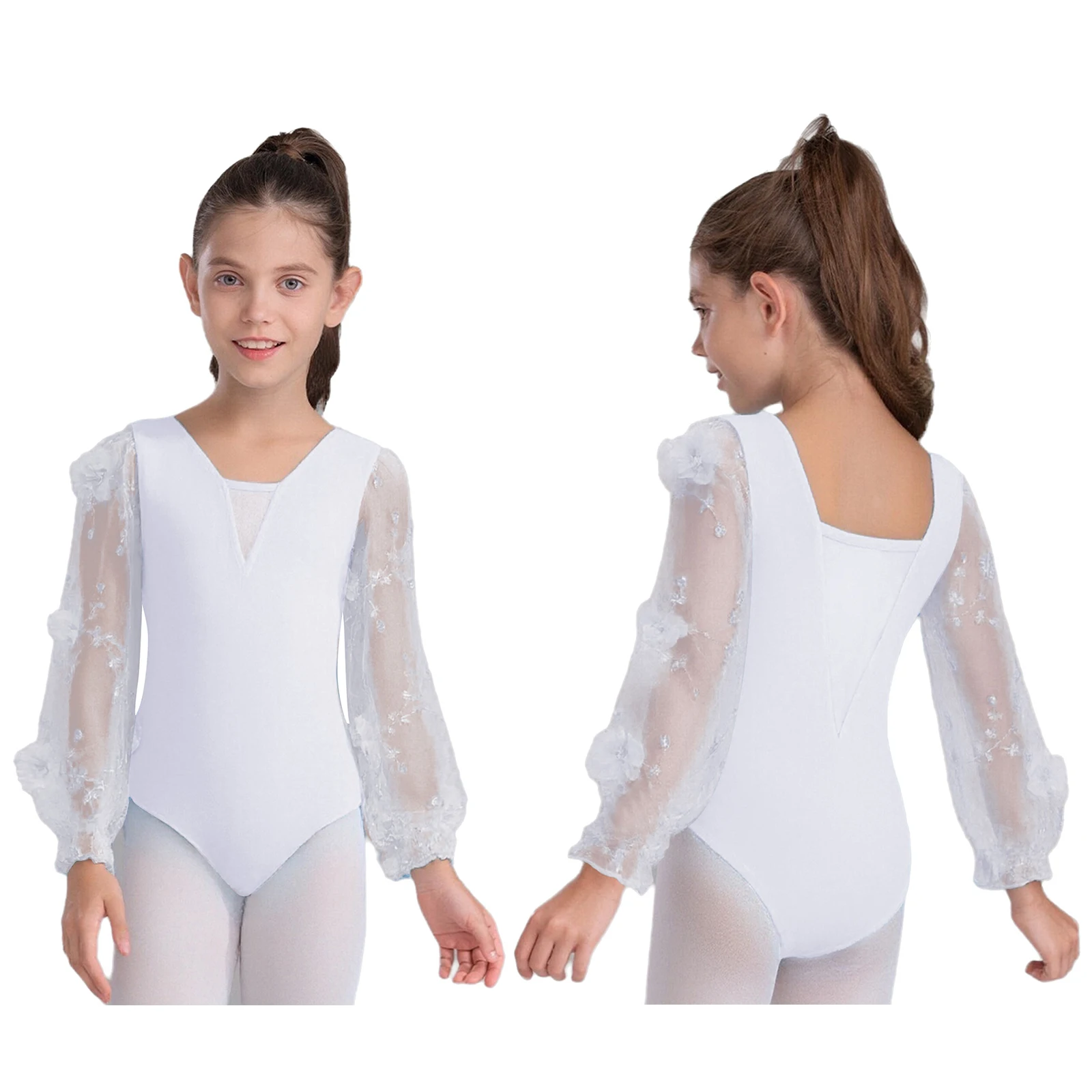 

Kids Girls Ballet Tanning Dance Performance Leotard 3D Flowers Embroidery Long Puff Sleeves Ballet Stage Dance Leotard Bodysuits