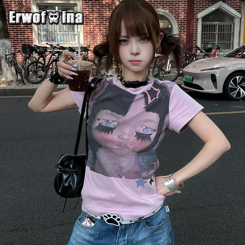 

Erwofeina Hotsweet Графические футболки с мультяшным принтом, обтягивающие женские топы с круглым вырезом, одежда 2000-х годов, Y2k, корейская модная футболка с короткими рукавами