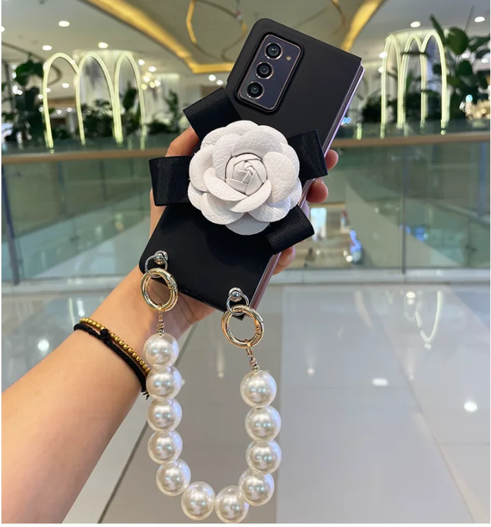 Moda de luxo flor suporte pérola crossbody cinta corrente caso couro para samsung galaxy z fold6 caso z fold5 3 capa z fold4 2