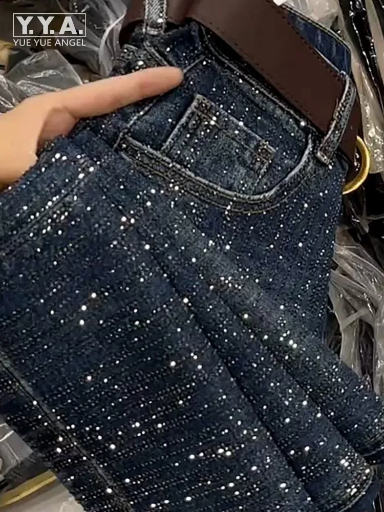 Fashion Women New Winter High Waist Shiny Diamonds Jeans Casual Loose Fit Wide Leg Pants Hip Hop Female Denim Straight Trousers