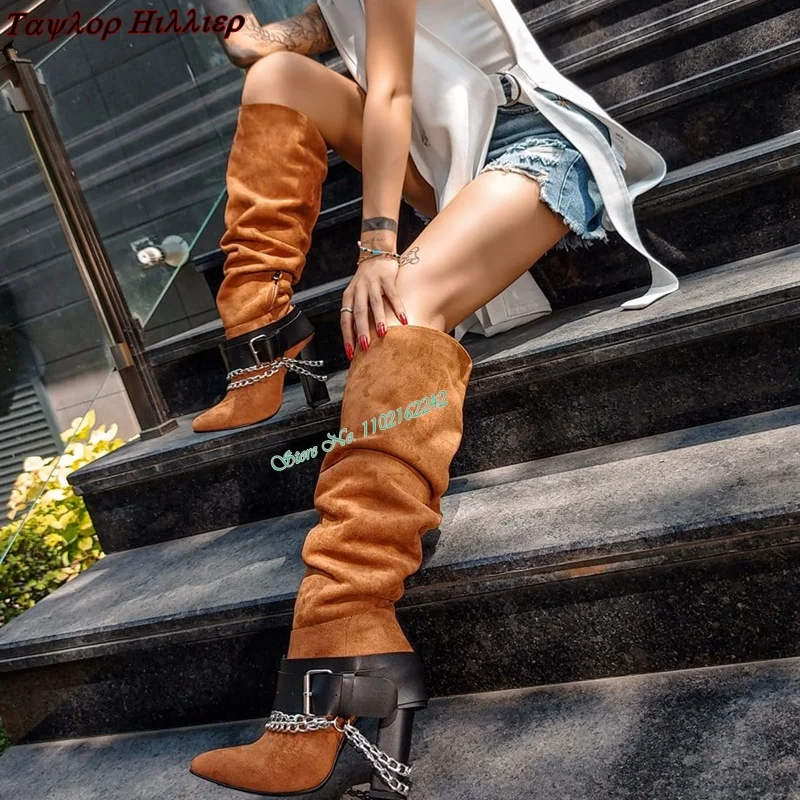 

Retro Brown Belt Buckle Thick Heel Knee-High Boots Women'S Chain Pointed Toe Pleated Side Zipper Knight Boots Autumn And Winter