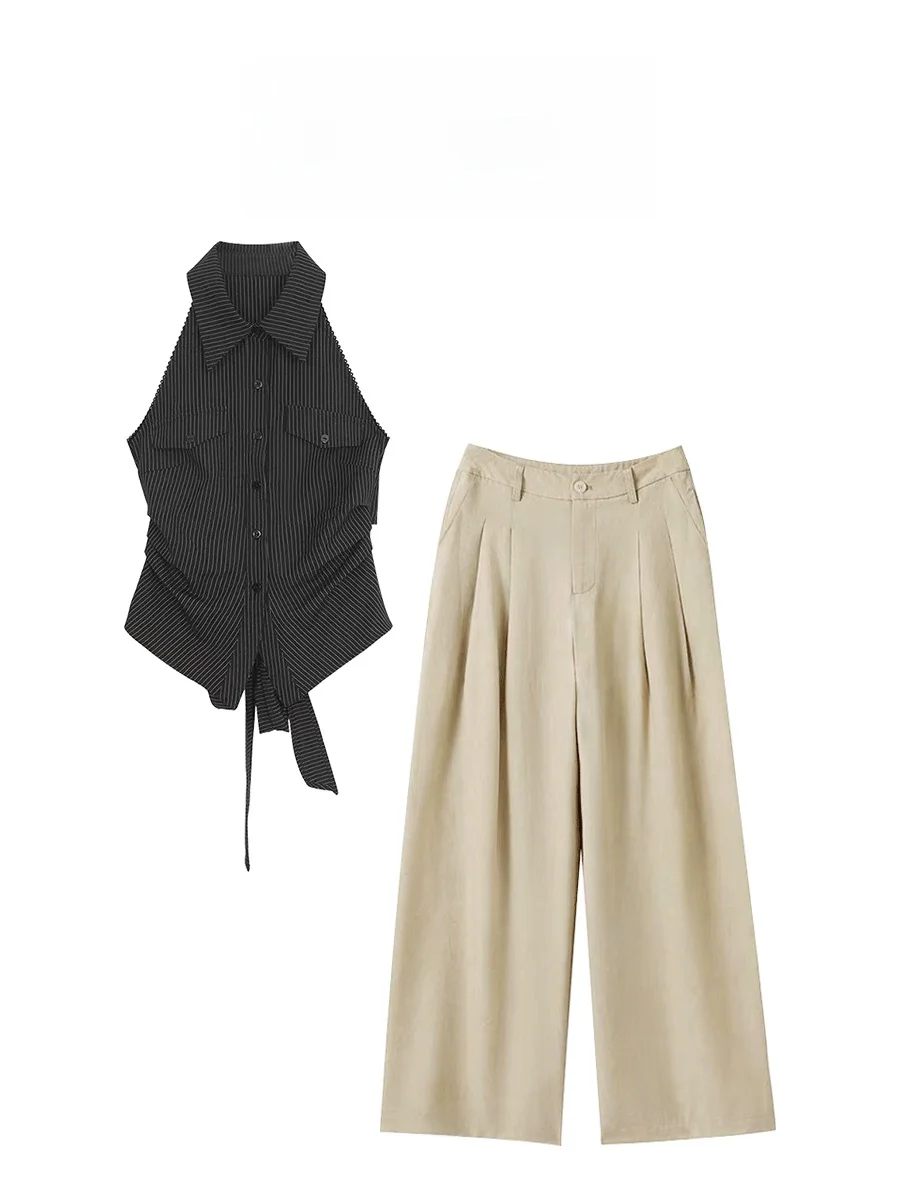 

Корейский модный комплект Parkyeon: сексуальный укороченный топ в полоску и свободные брюки для женщин