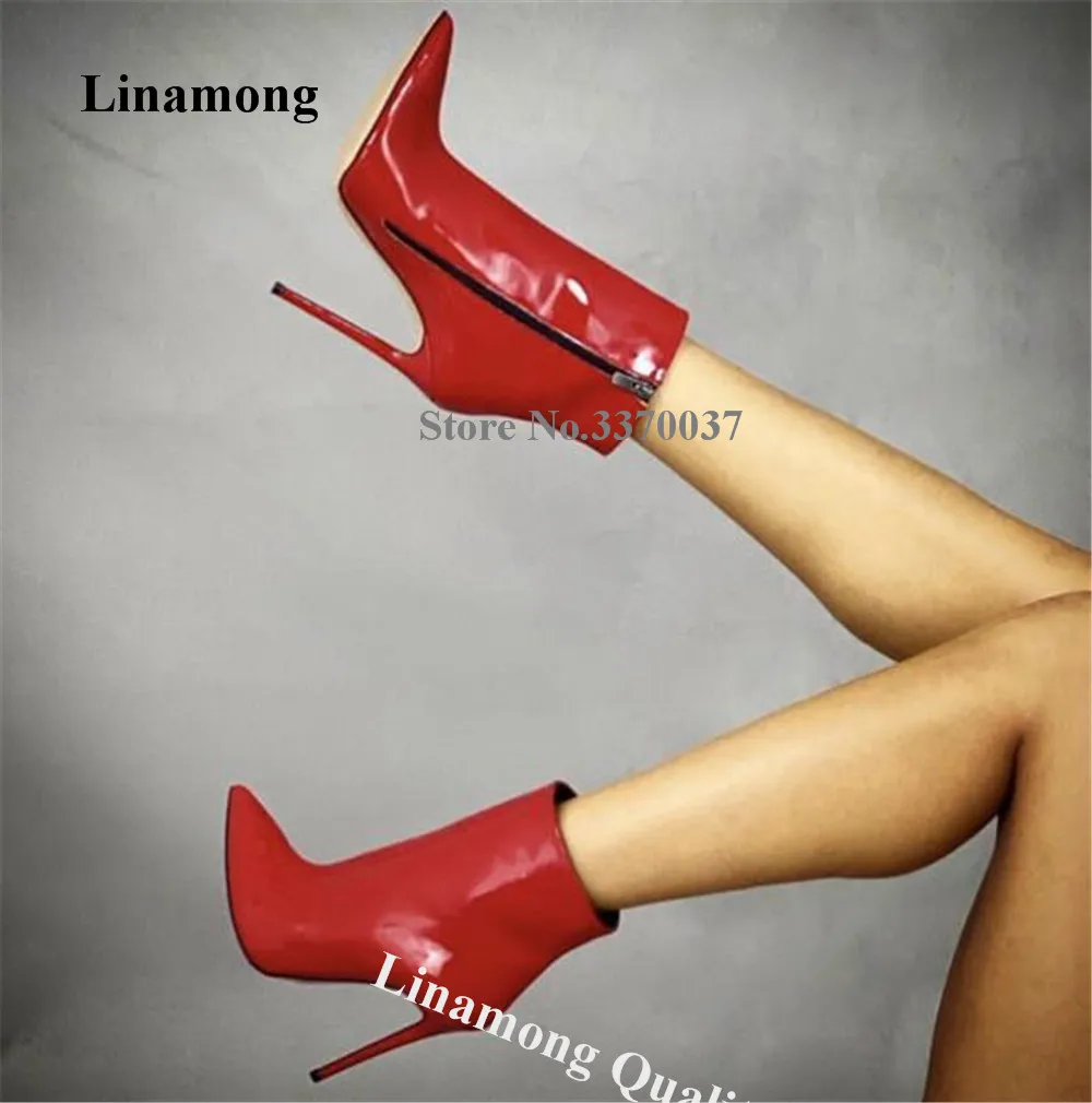 

Linamong Red Patent Leather Stiletto Heel Short Boots Pointed Toe Matte Leather Side Zipper-up Thin Heel Ankle Booties Big Size