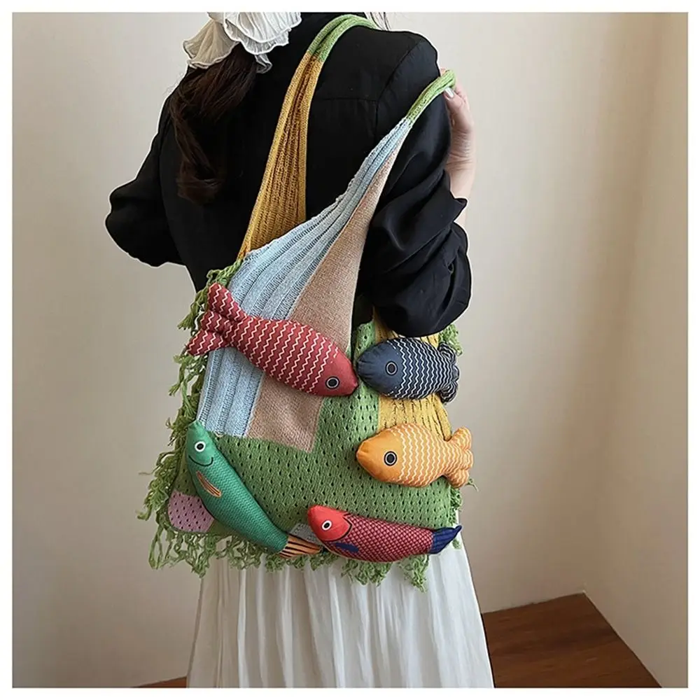 

Trendy Summer Cotten Crochet Shoulder Bag Fish Large Capacity Tassels Beach Handbag Handbag Simple Hollow Out Weave Bag Women